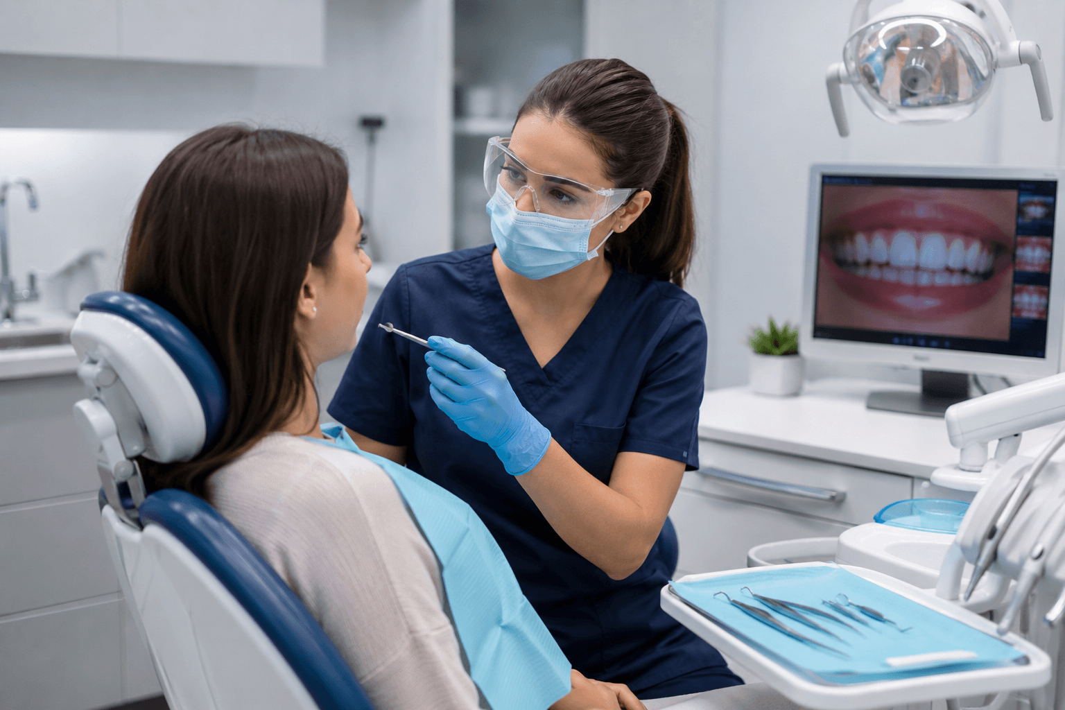 Dental professional conducting a teeth whitening consultation and shade assessment with a patient in clinic