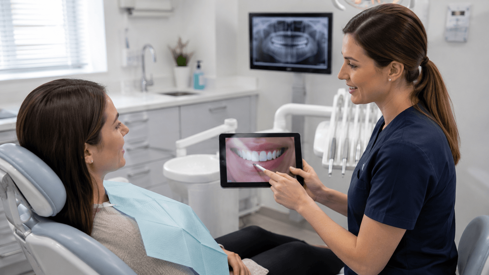 Patient reviewing realistic teeth whitening results and expected smile outcome in clinic