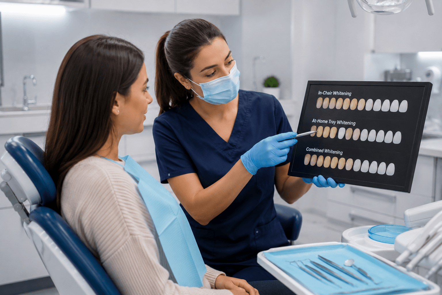 Dentist and patient reviewing whitening options and shade selection in a treatment consultation